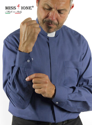 Camicia manica lunga clergy  fil a fil 100% cotone colore blu